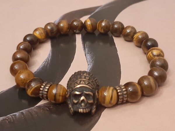 Tiger eye Natural stone, Bronze Native American head, Men's bracelet